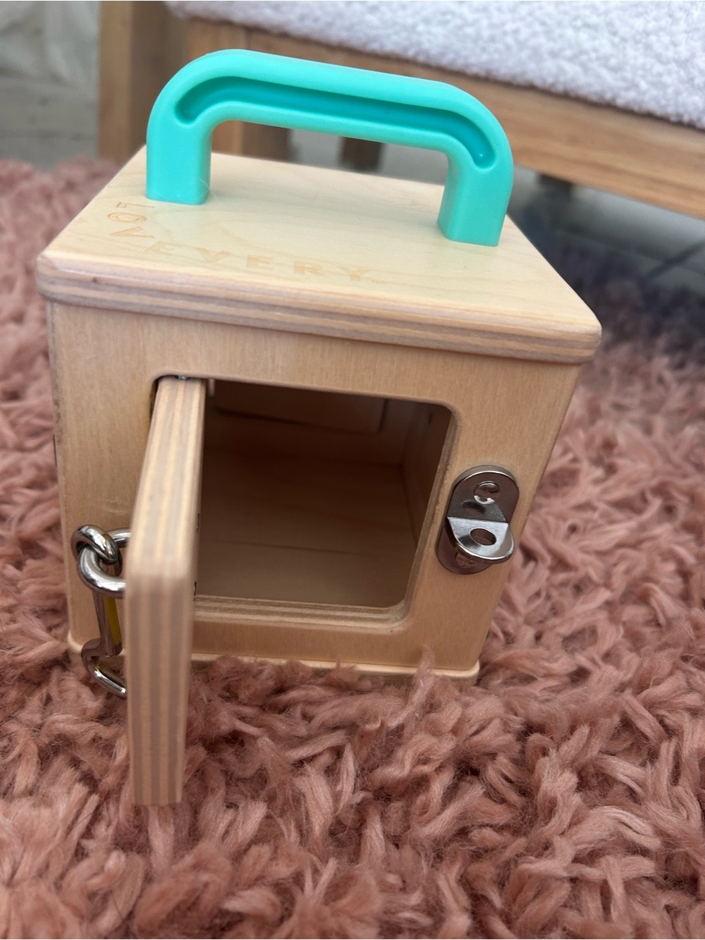 Lovevery Wooden Lock Box with Teal Handle and Orange Door - - Picture 5 of 5